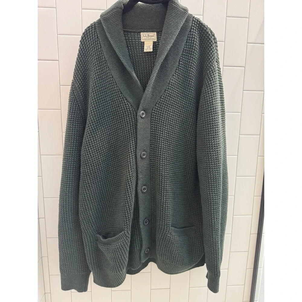 LL Bean Cardigan Mens XL Green Shawl Collar Waffle Knit Organic Cotton Chunky